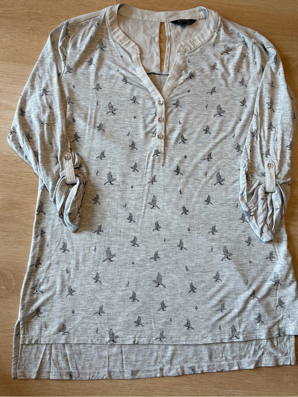 RW&CO Grey Branch Print Henley Tunic Top Roll Tab Sleeve S